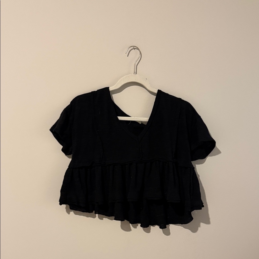 Black Ruffled V-Neck Top